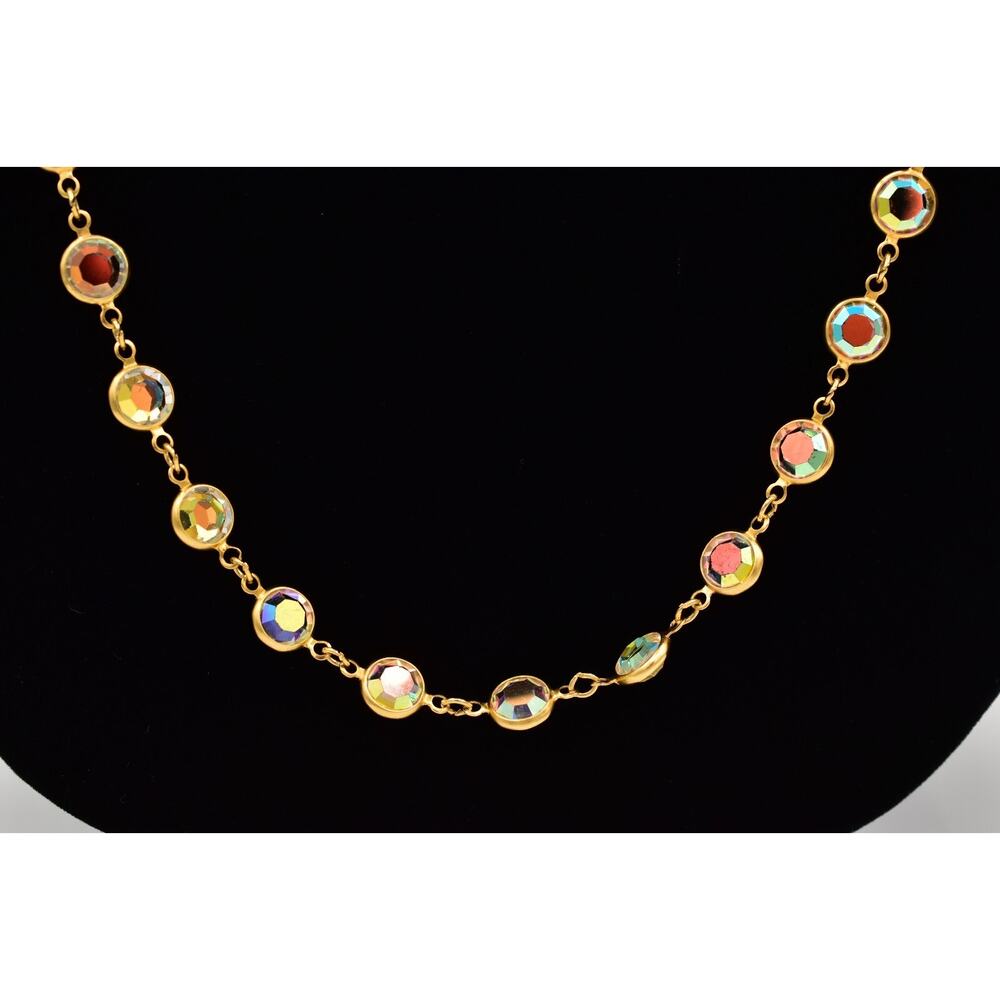 Vintage Aurora Borealis Crystal Necklace 37" Open Bezel AB Gold Chain 80s BinBN